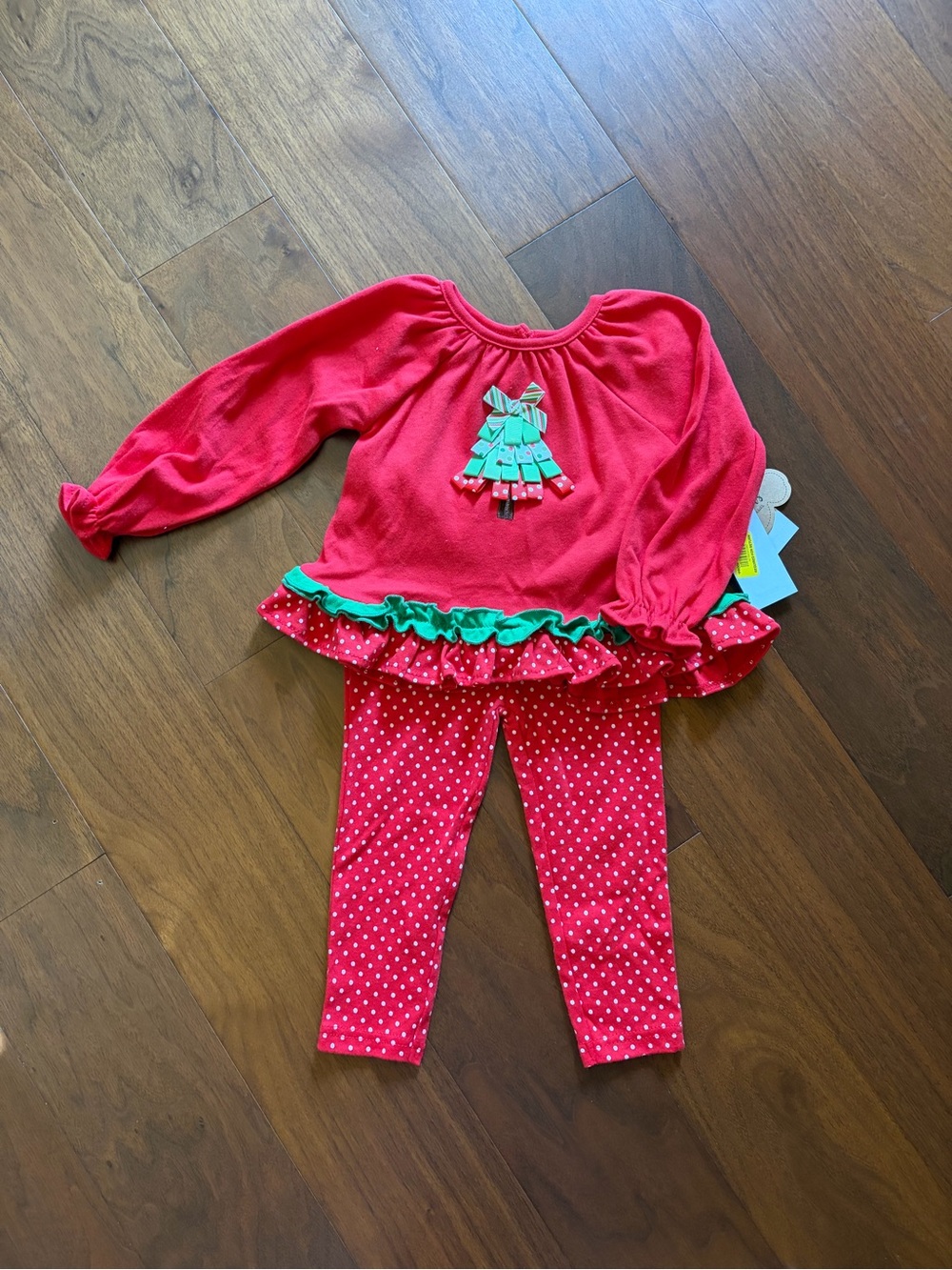 Baby Essentials Red & Green Christmas Tree Ruffle Top with Polka Dot Leggings